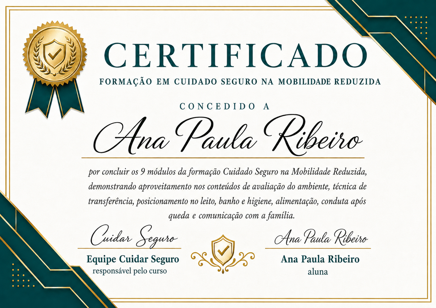 Certificado de conclusão do curso de cuidado seguro em mobilidade reduzida