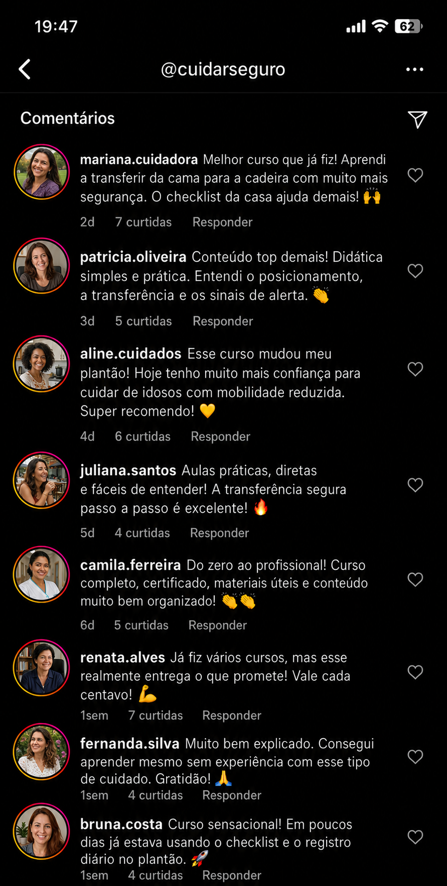 Prints de comentários reais de alunas no Instagram @cuidarseguro